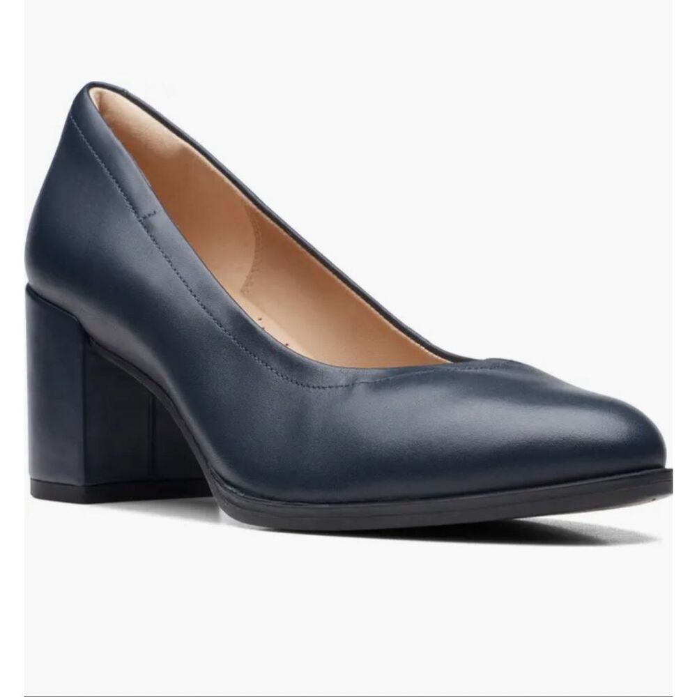Clarks Navy Leather Block Heel Pumps